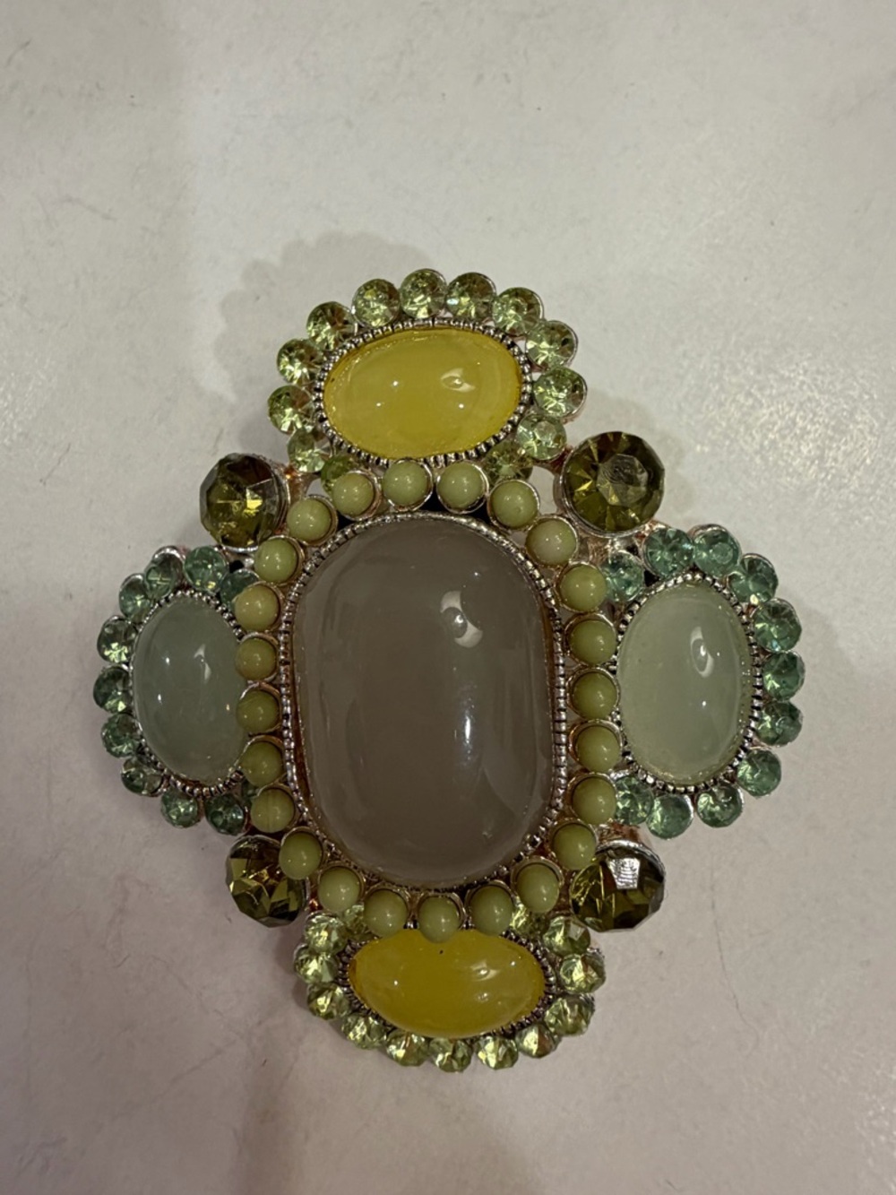 Statement Gem Cross Brooch in Sage and Yellow